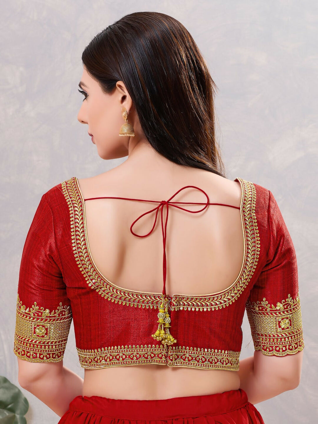 Dark-Red Silk Stitched Blouse with Round Neck