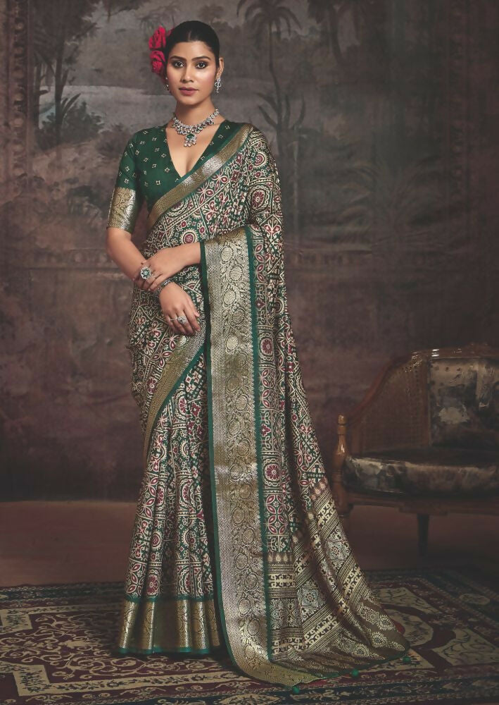 Joban Fashion Green Multi Color Dola Tussar Silk Self Jacquard Border Saree