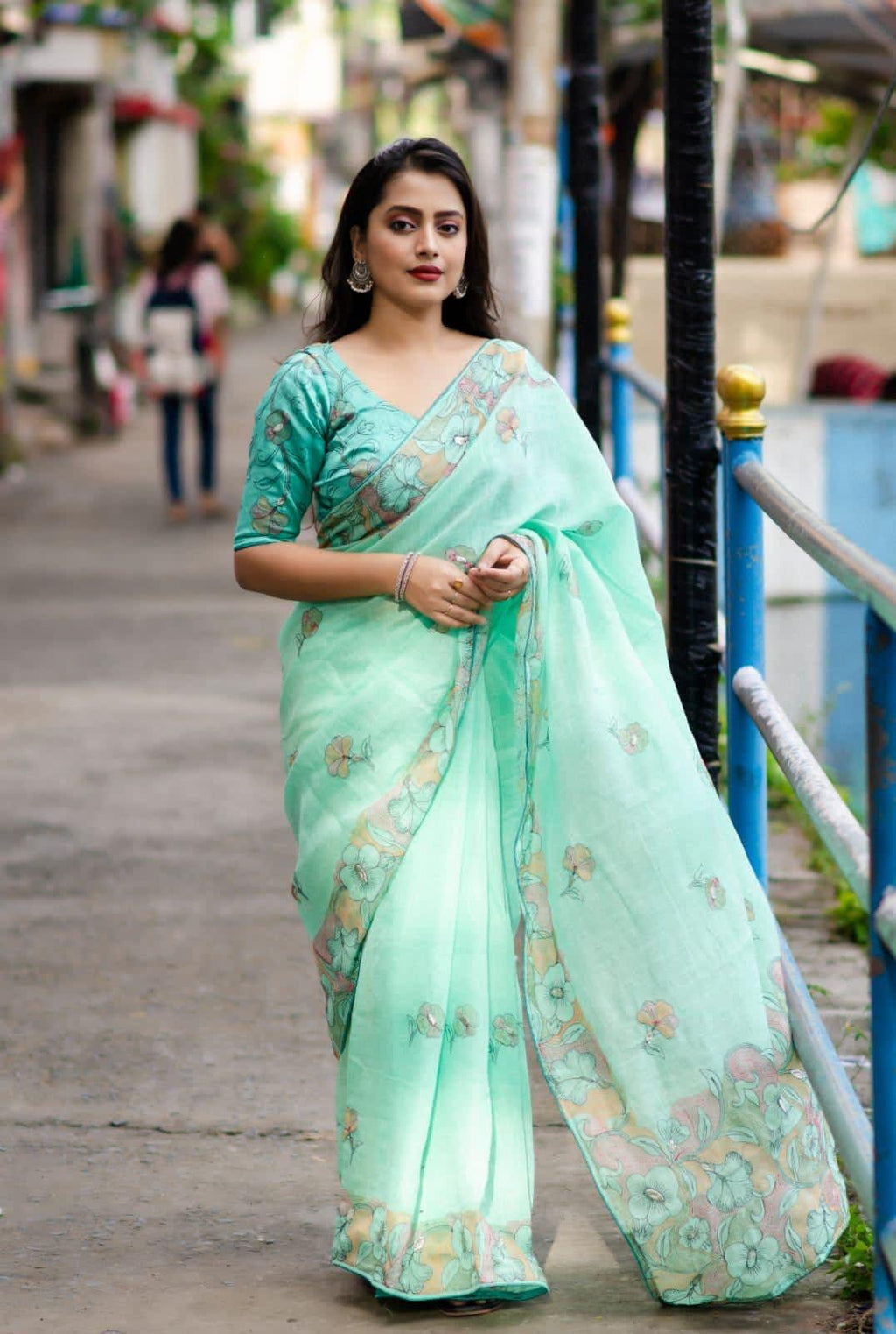 SeaGreen pure linen ethnic saree with pencil stitch embroidery and matching phantom silk blouse
