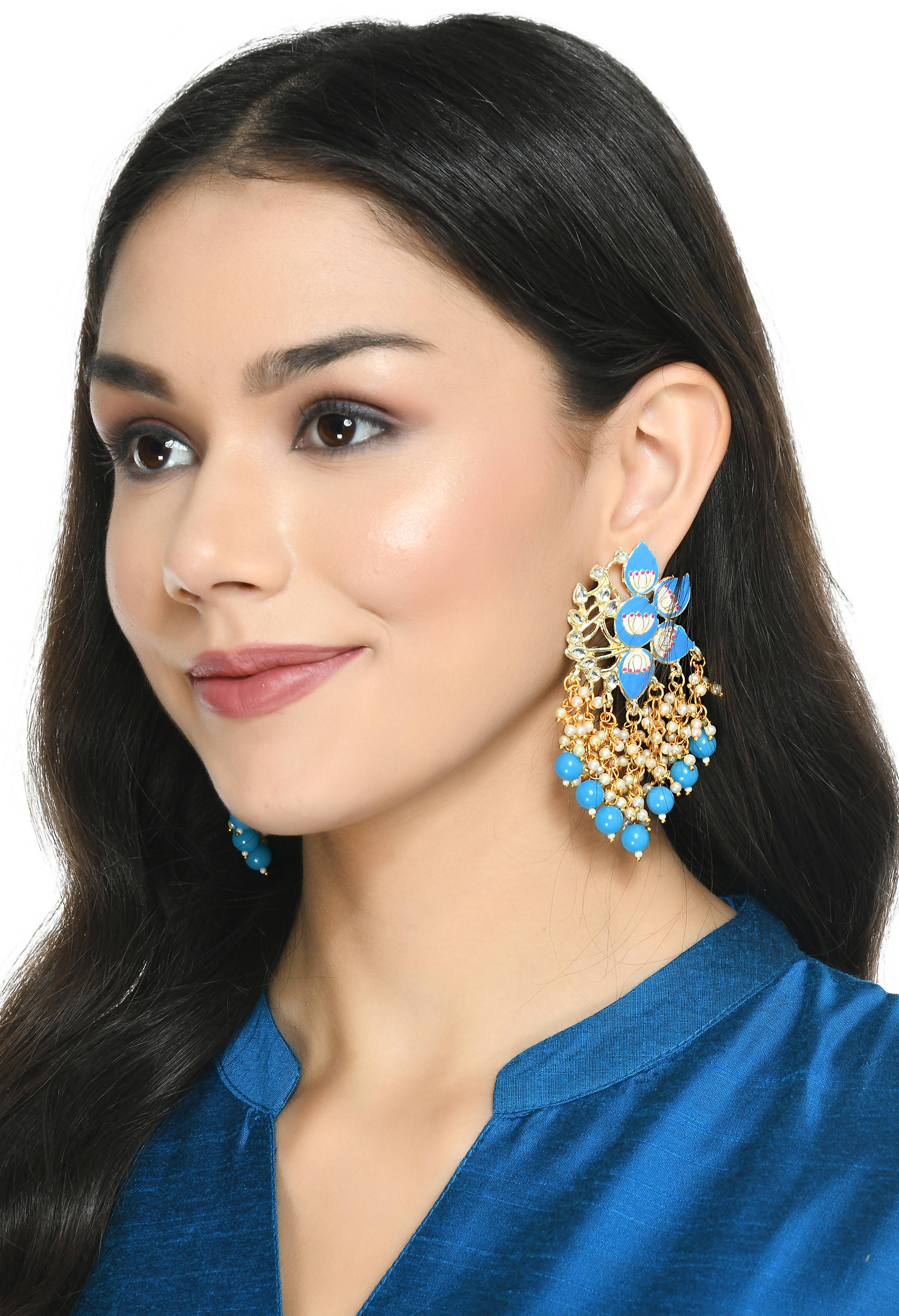 Gold-Polished Kundan & Sky Blue Meenakari Floral Drop Earrings