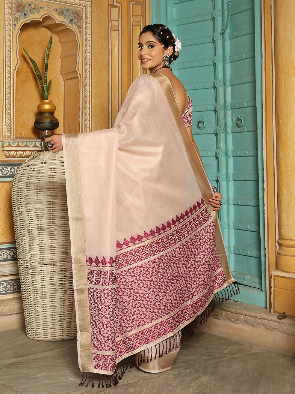 Wine Linen Saree with Matching Blouse - Breathable Ethnic Wear