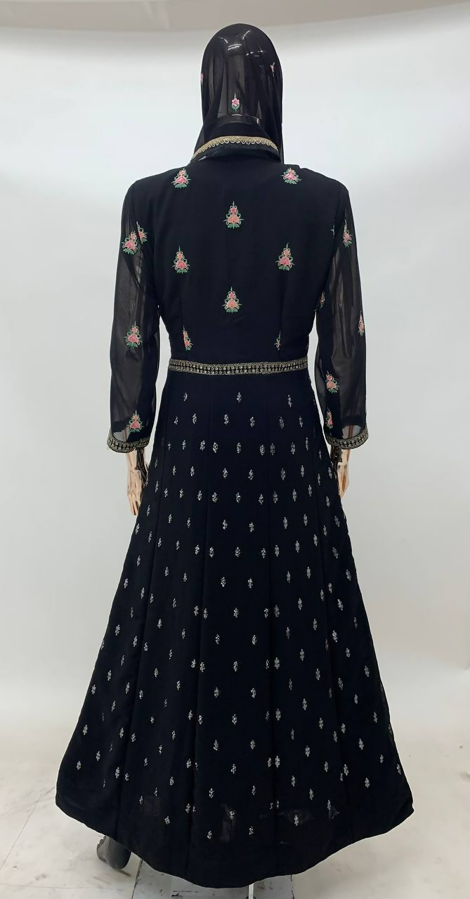 Black Faux Georgette Embroidery Gown with Matching Jacket Set