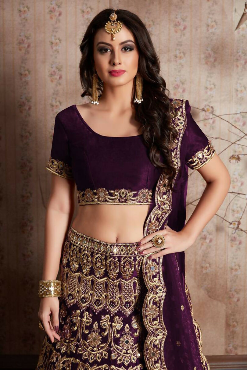 Wine Sequins Embroidered Velvet Lehenga Choli with Mirror Work