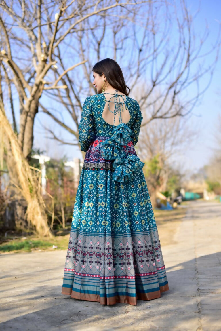 Women's Blue Geometric Print Cotton Silk Anarkali Dress