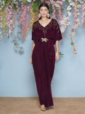 Joban Fashion Wine Hand Embellished Velvet Gown With Belt
