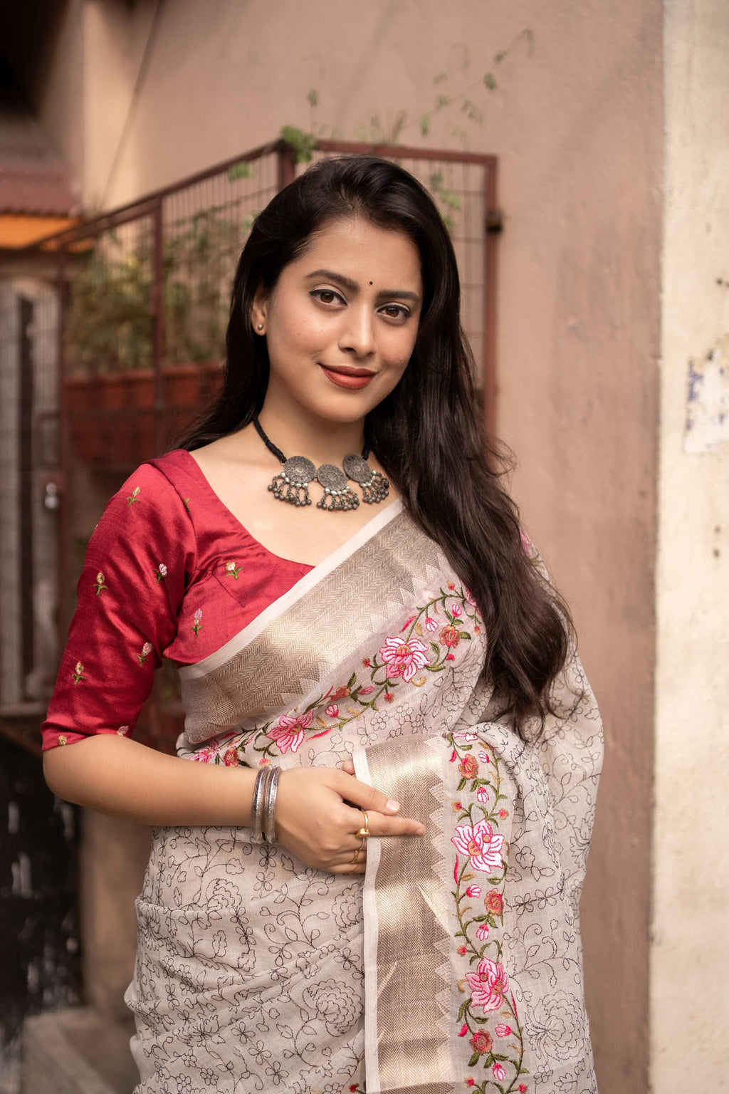 Grey Pure Linen Woven Saree with Floral Embroidery
