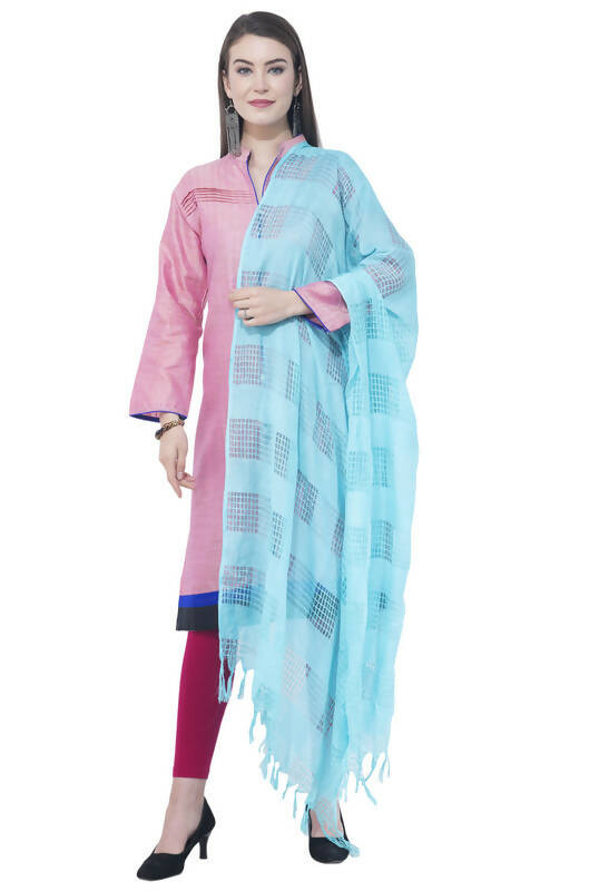 Navy blue window print cotton dupatta draped elegantly on a display stand