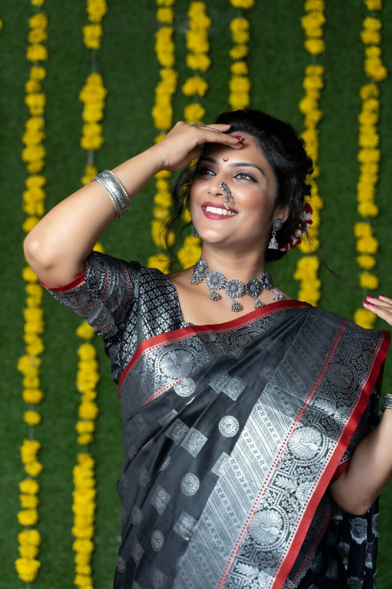 Black Soft Handloom Silk Saree with Zari Woven Details & Blouse