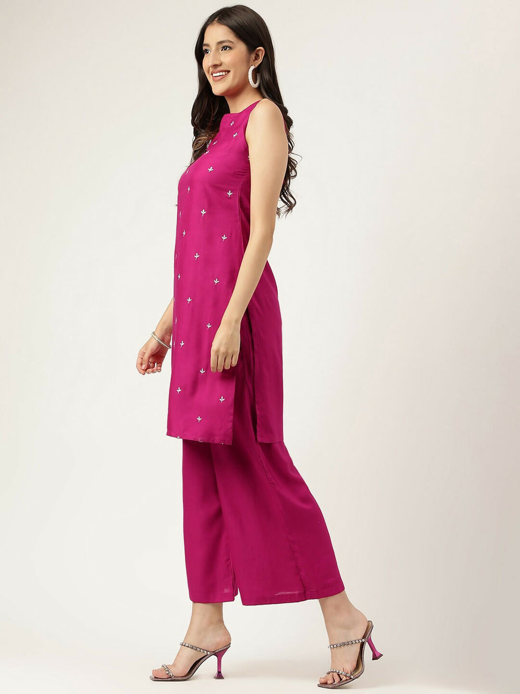 Pink Straight Kurta and Bottom Set with Intricate Embroidery