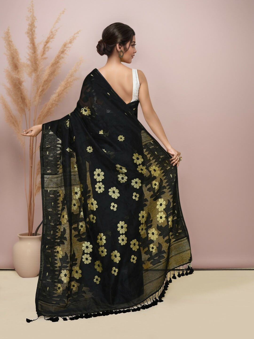 Black Cotton Blend Jamdani Saree for Formal Ethnic Wear