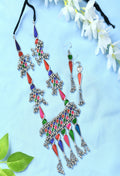 Multi-color Meenakari long necklace with oxidised silver finish
