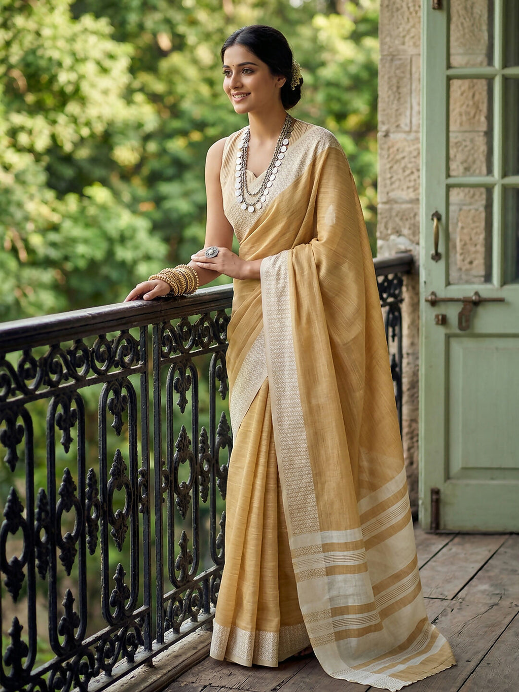Mustard Yellow Linen Saree with Matching Blouse Piece