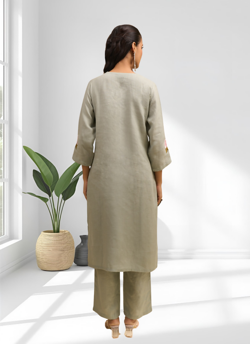 Pista Green Linen Embroidered Cord Set - Festive Readymade Co-ord