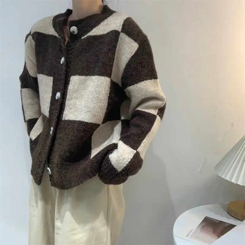 Women's Loose Checkered Button-Up Knit Cardigan Sweater - Image 5