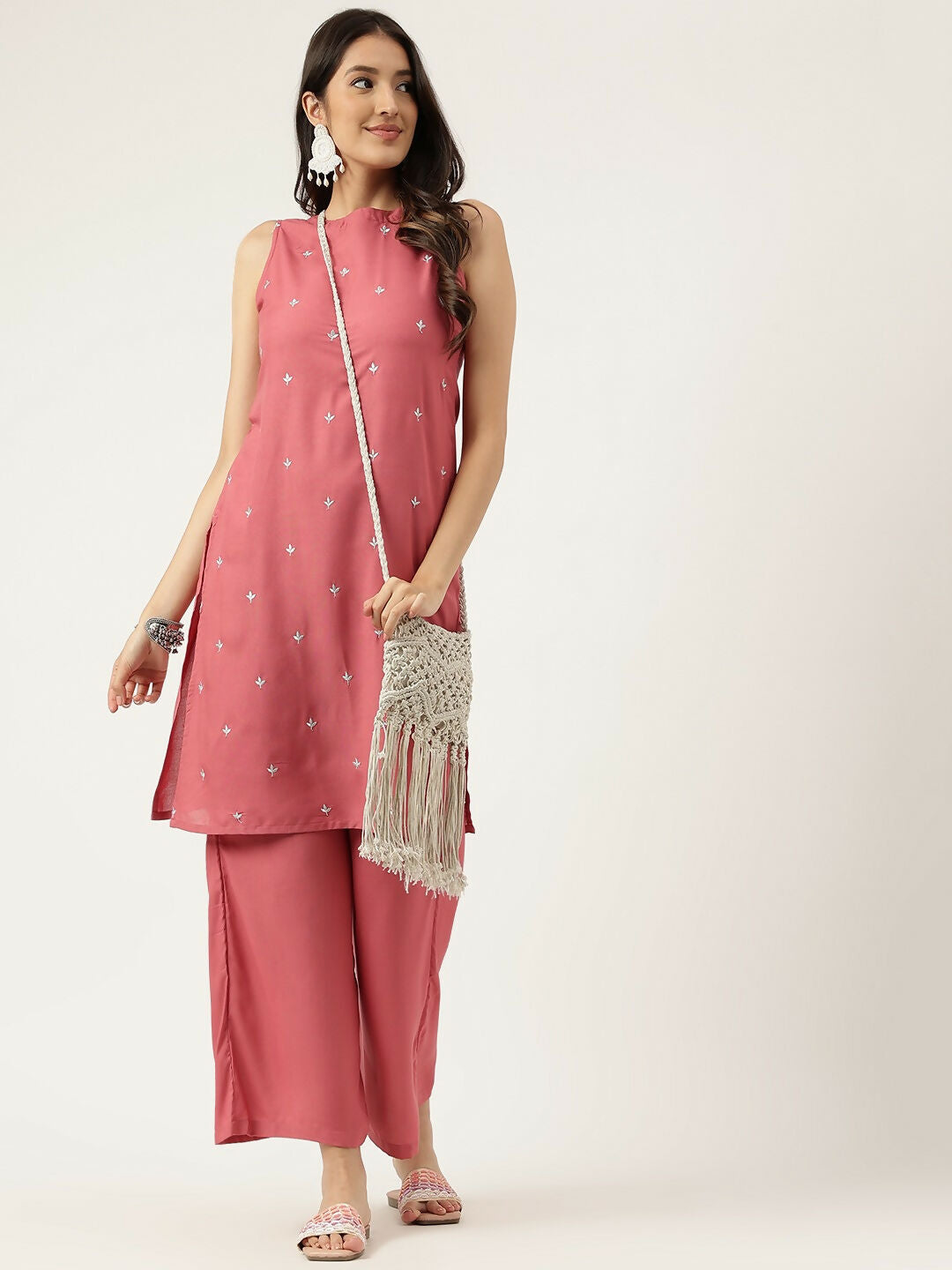 Rust Rayon Straight Kurta and Bottom Set with Embroidery