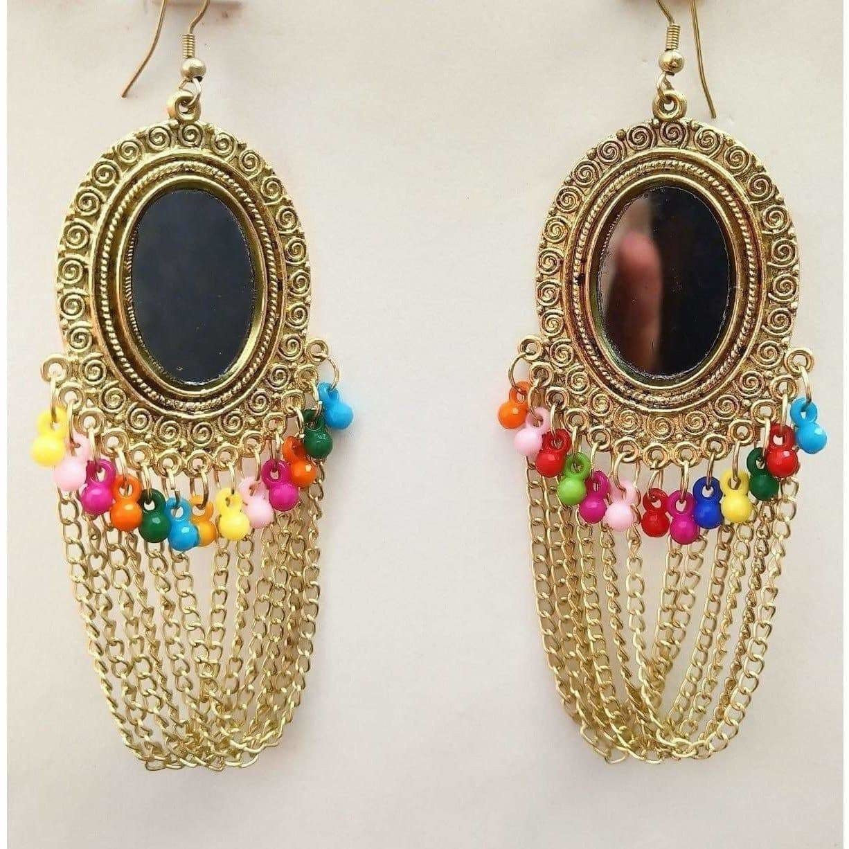 Gold-polished mirror work earrings with multicolor pearl hanging chains