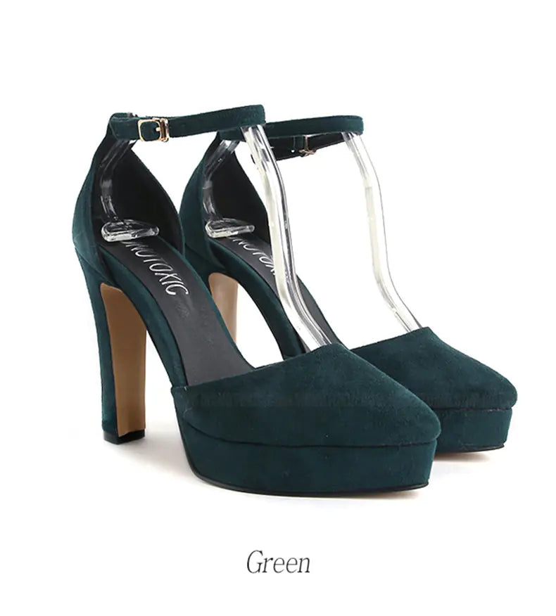 Women's Wine Suede Chunky Heels with Ankle Strap - Image 17