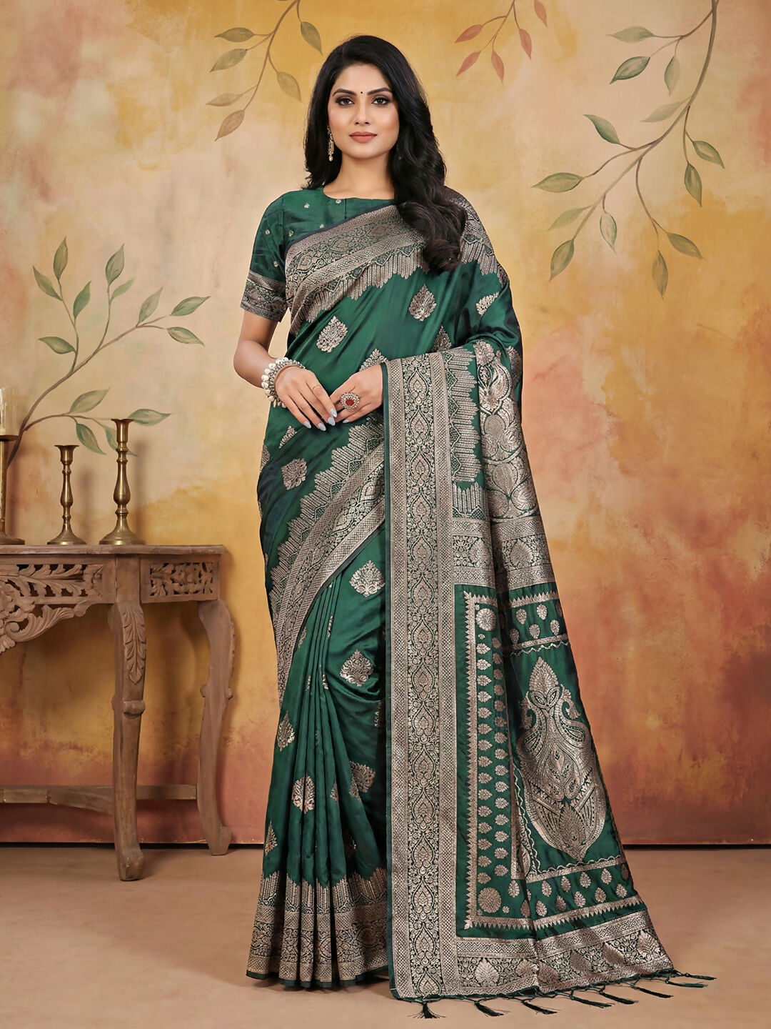 Beautiful green silk blend saree with matching blouse piece