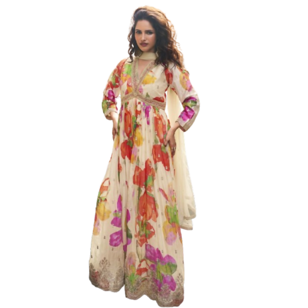 Cream Chinon silk festive gown with digital print, embroidery, and Gota Patti work including a matching dupatta