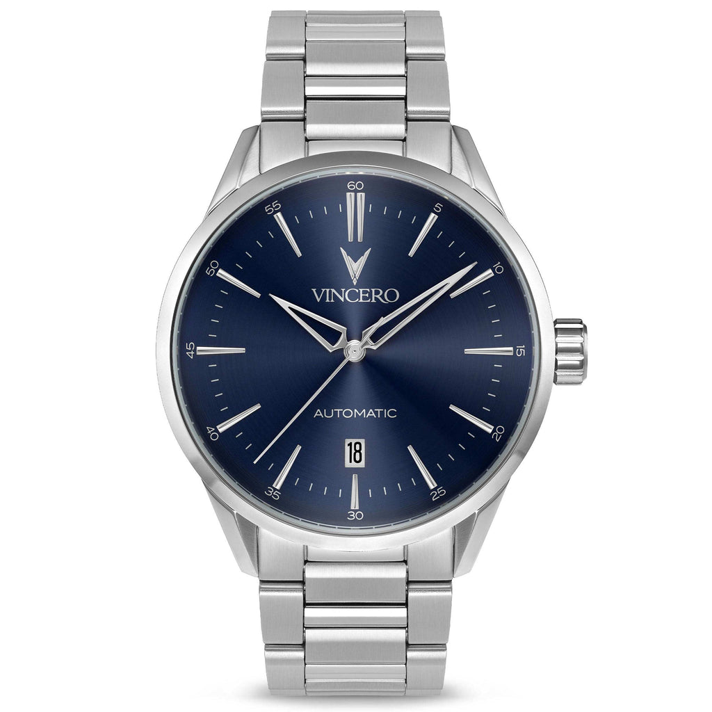 Icon Automatic watch featuring a silver case and blue dial on a white background.