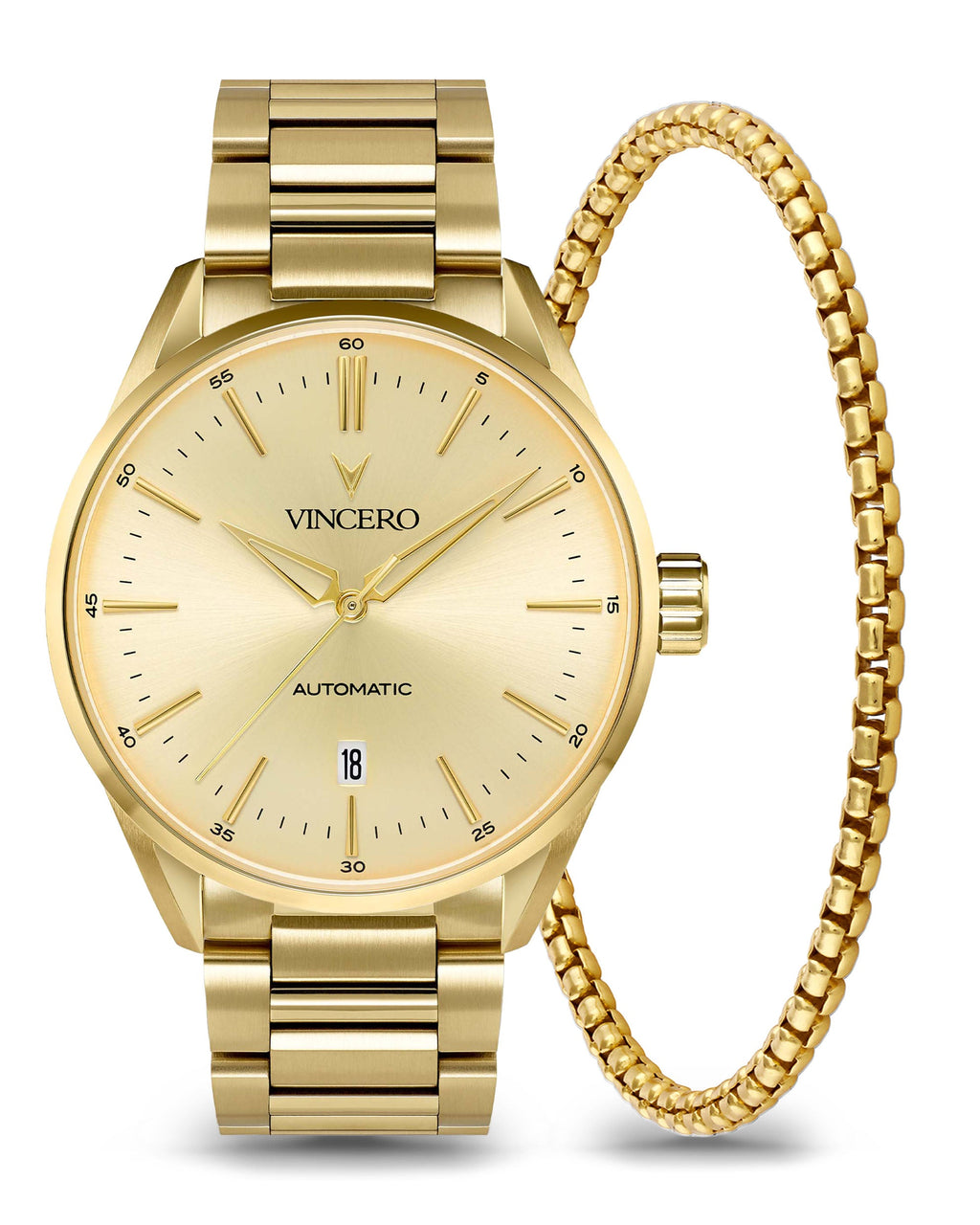 Gold Icon Automatic watch paired with a matching gold box chain bracelet on a neutral background.