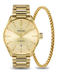 Gold Icon Automatic watch paired with a matching gold box chain bracelet on a neutral background.