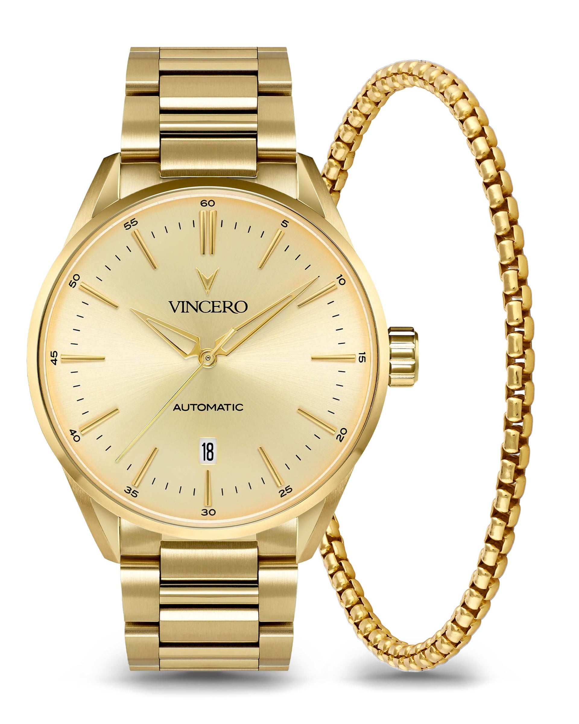 Gold Icon Automatic watch paired with a matching gold box chain bracelet on a neutral background.