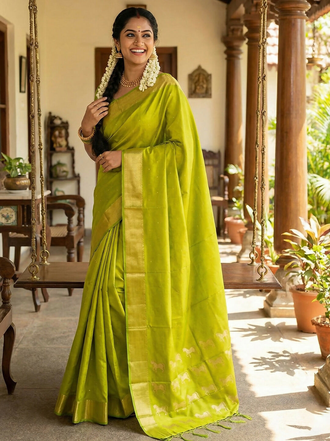 Parrot Green soft silk saree with matching blouse fabric