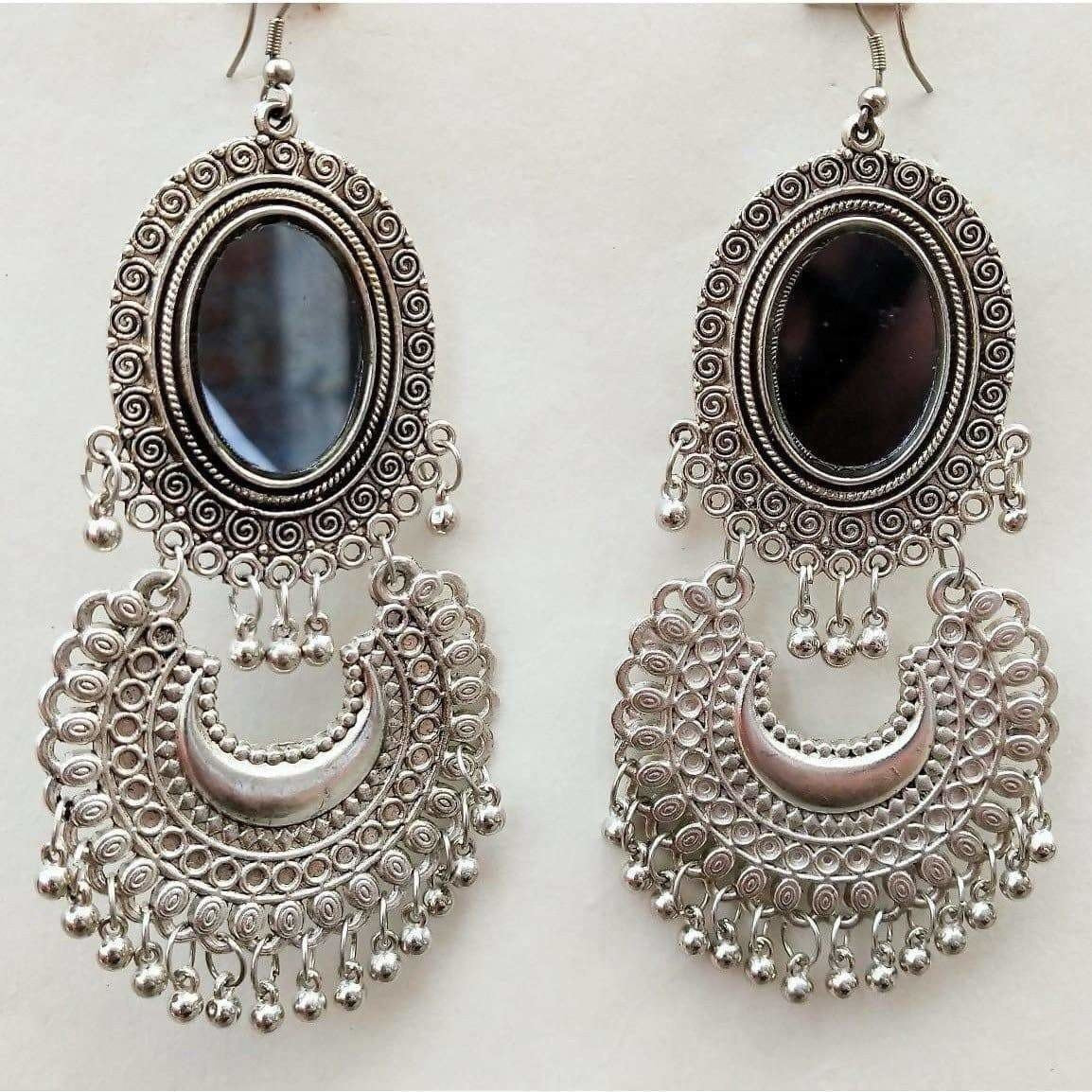 Kashmiri style double chandbali silver oxidized dangle earrings