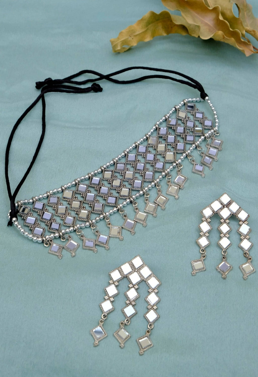 Oxidised silver-plated alloy choker with mirror accents