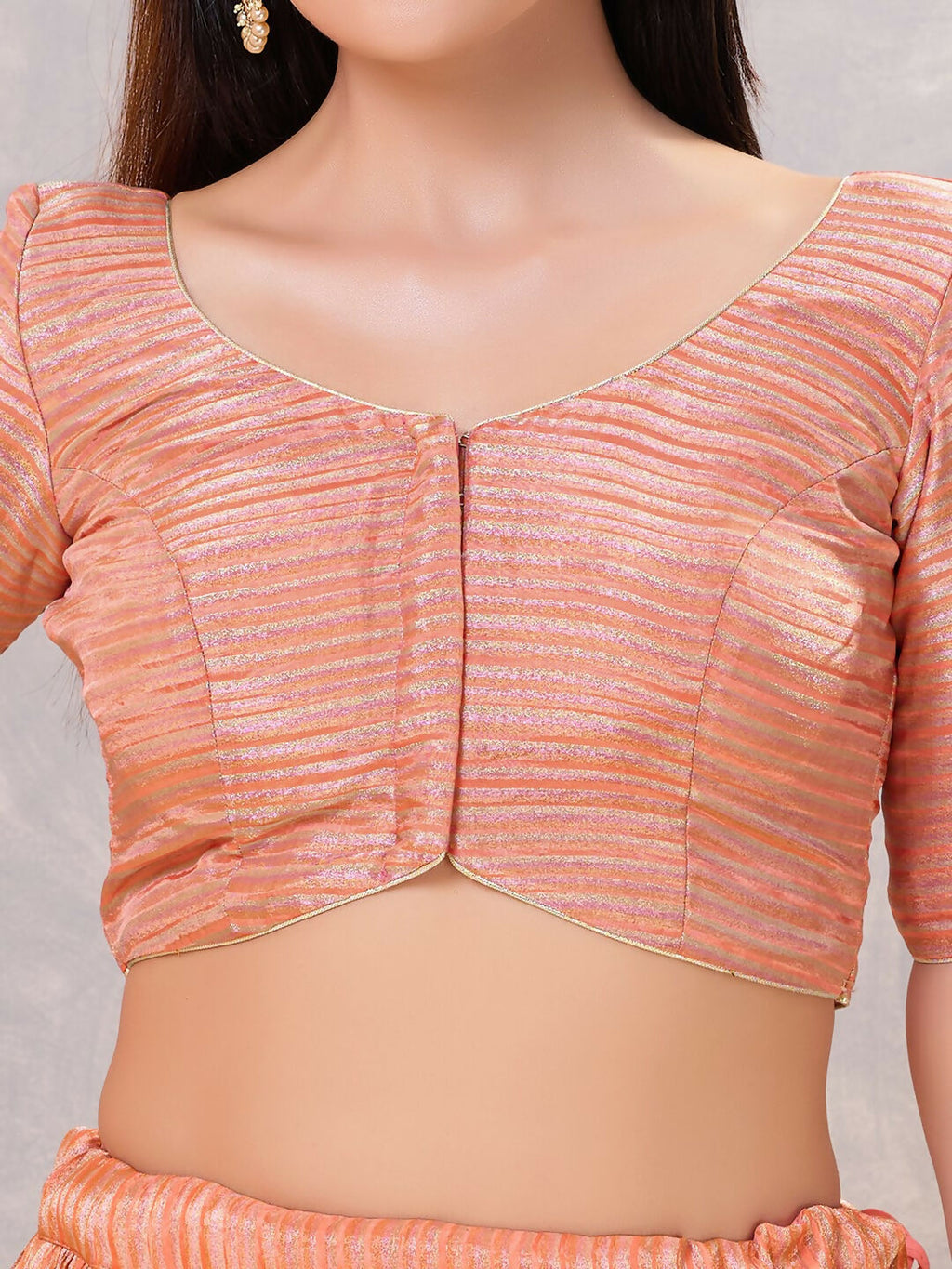 Women's Peach Silk V-Neck Stitched Blouse