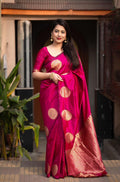 Rani pink silk woven saree with gold zari butta detailing and unstitched blouse