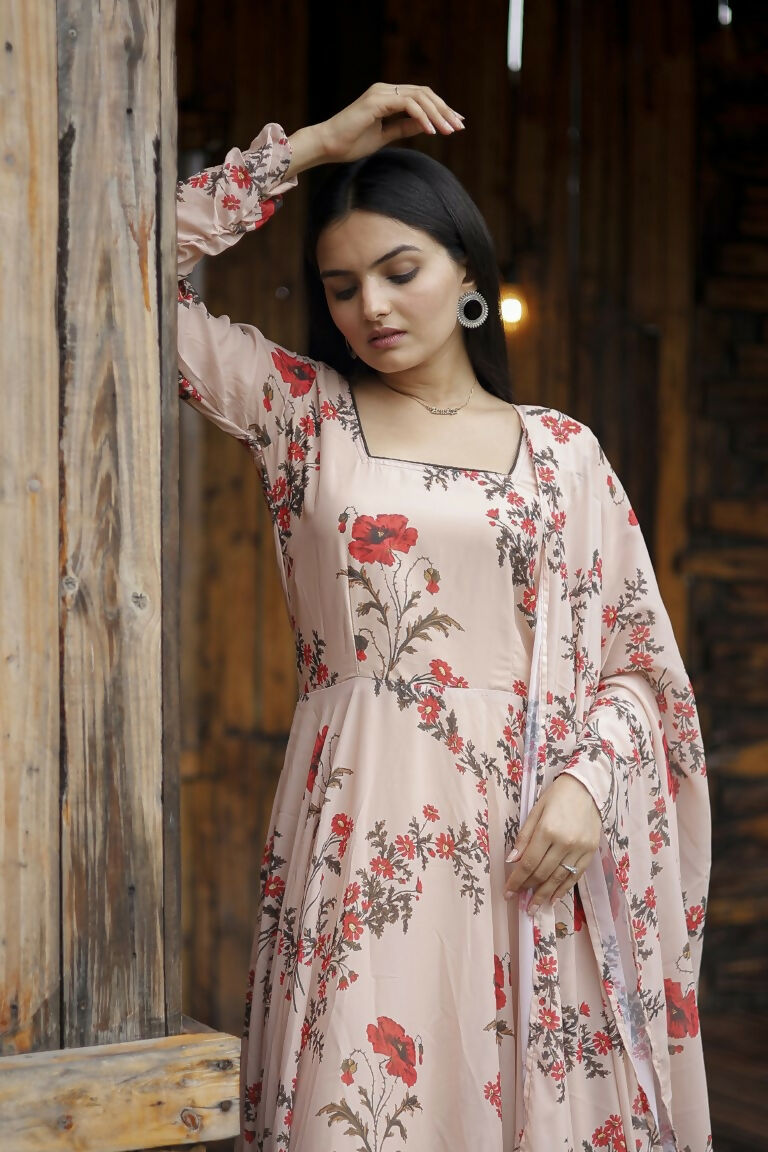 Women's Cream Faux Georgette Floral Digital Printed Anarkali Dress