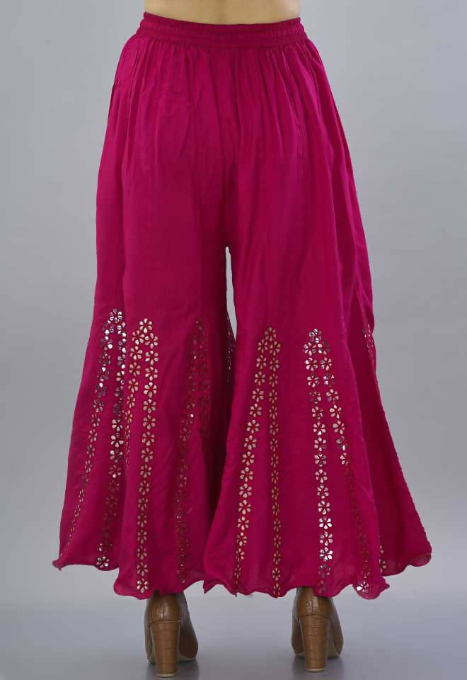 Dark Pink Mirror Work Palazzo Pants for Women
