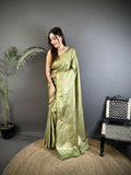 Sage Green soft satin silk Kanchipuram style saree with ethnic floral designs