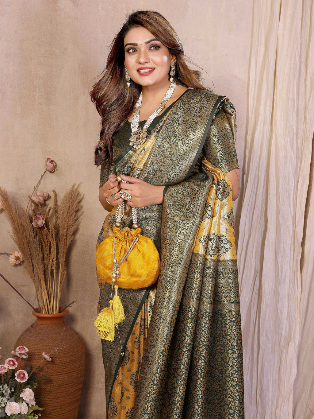 Mustard Banarasi Tissue Silk Saree with Traditional Weaving