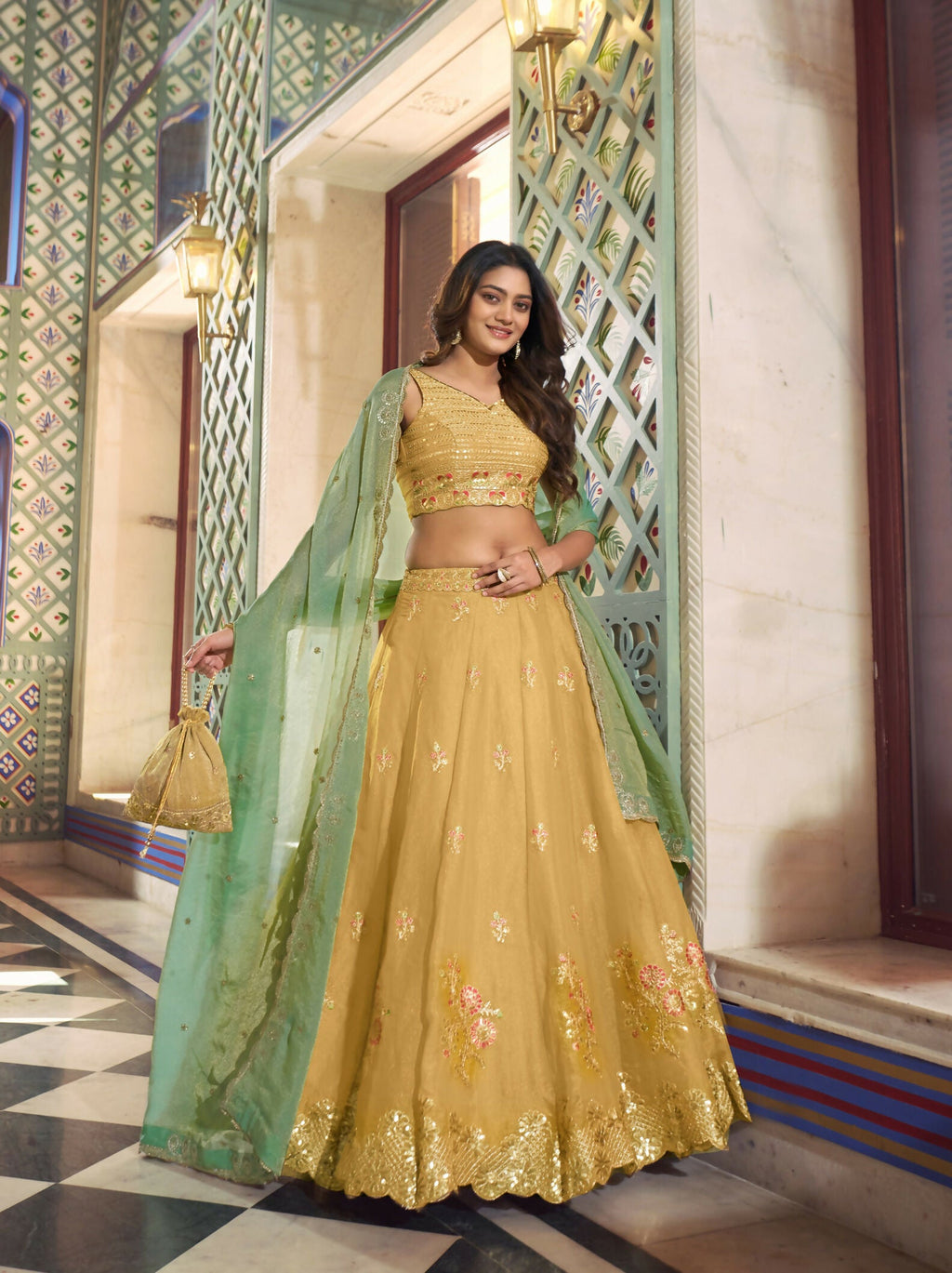 Yellow NC Moss Silk Lehenga Choli with Sequins and Embroidery