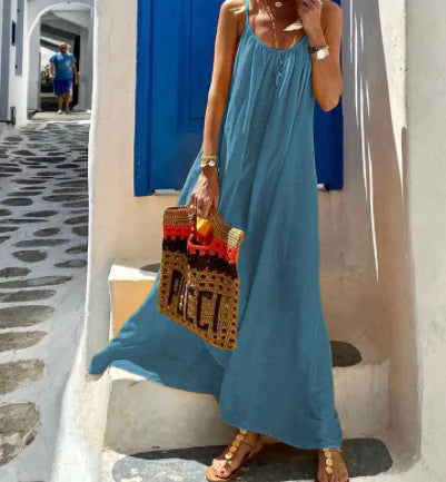 Women's Casual Cotton and Linen Blend Maxi Halter Dress - Image 2