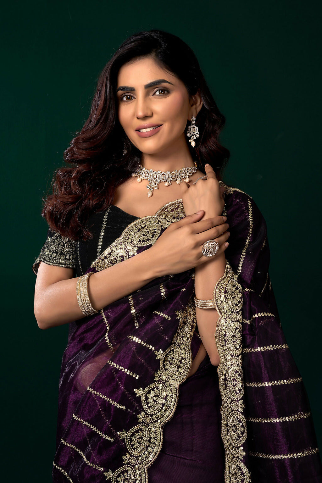 Wine Net Party Wear Saree with Contrast Black Velvet Blouse