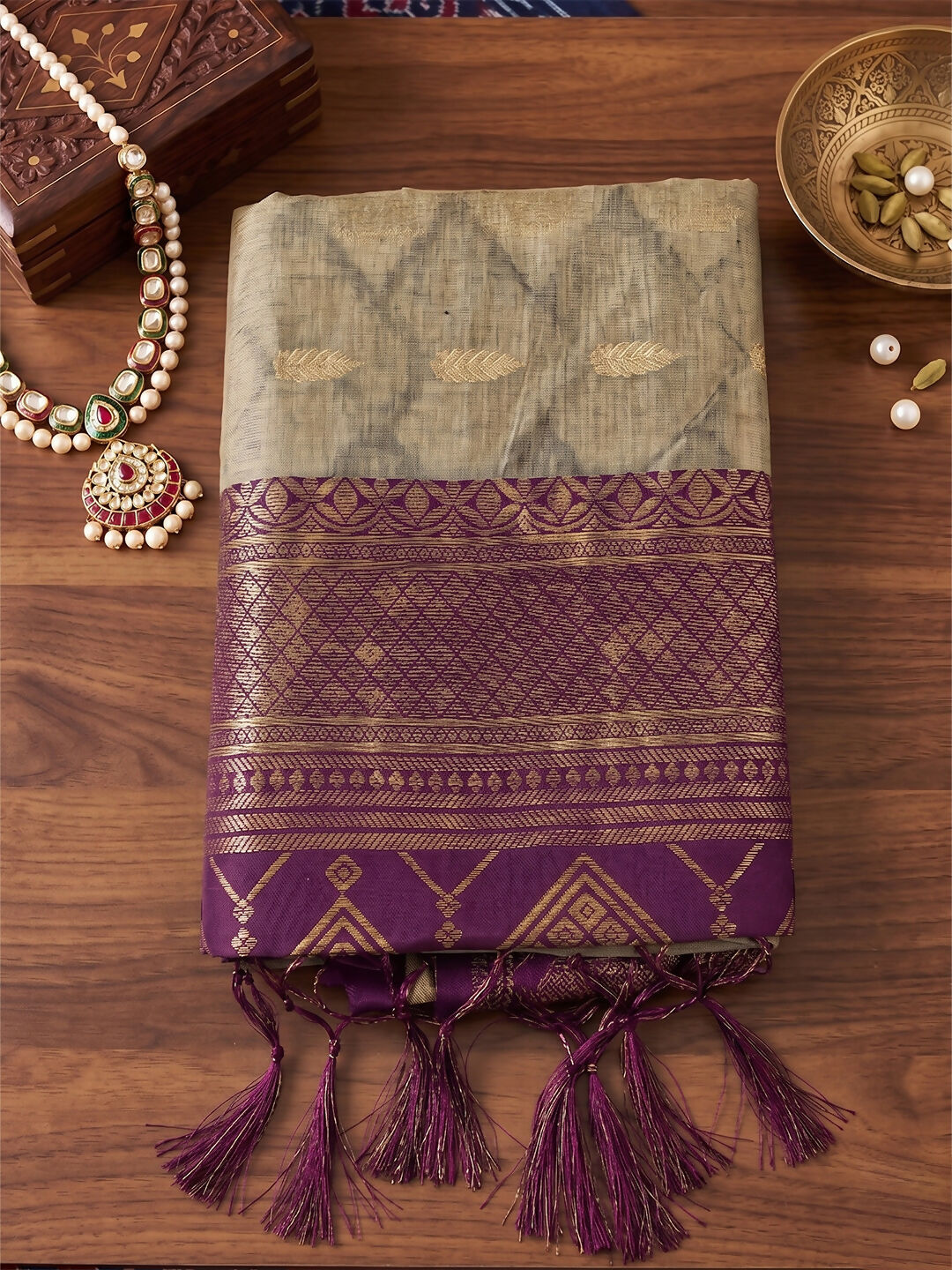 Chiku With Purple Cotton Saree - Comfortable Ethnic Wear