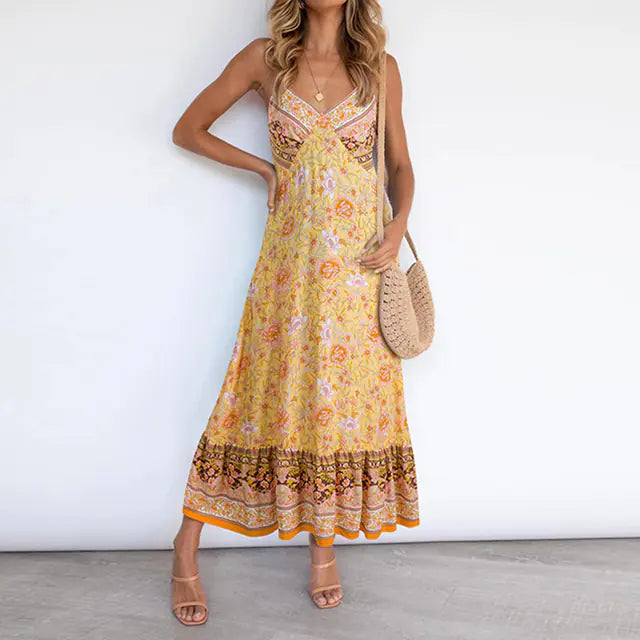 Women's Floral Boho V-Neck Midi Dress Casual Summer Beachwear - Image 13
