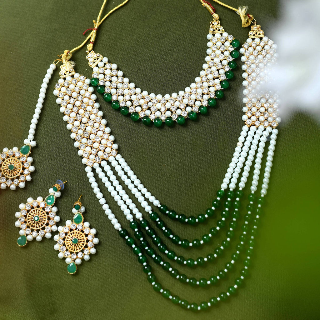 Mominos Fashion gold-plated Rani Haar long necklace featuring cream, green, and off-white pearls