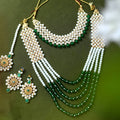 Mominos Fashion gold-plated Rani Haar long necklace featuring cream, green, and off-white pearls