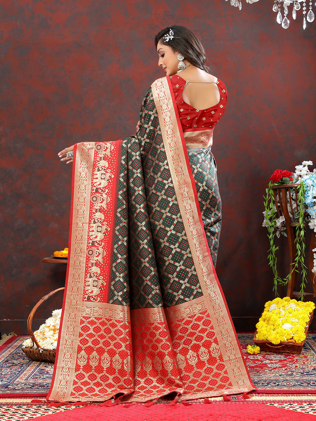 Green & Red Patola Silk Saree with Meenakari Weaving
