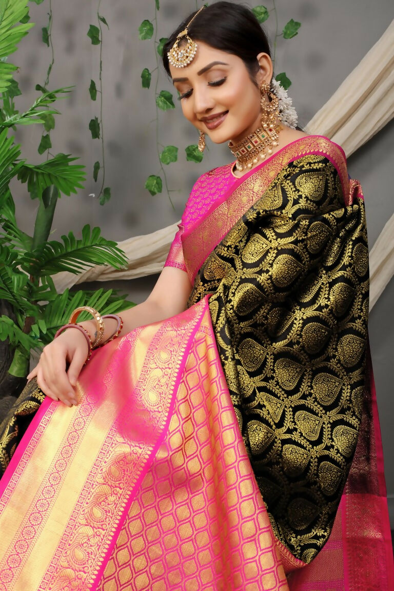 Black Kanjivaram Silk Saree with Pink Blouse and Zari Work