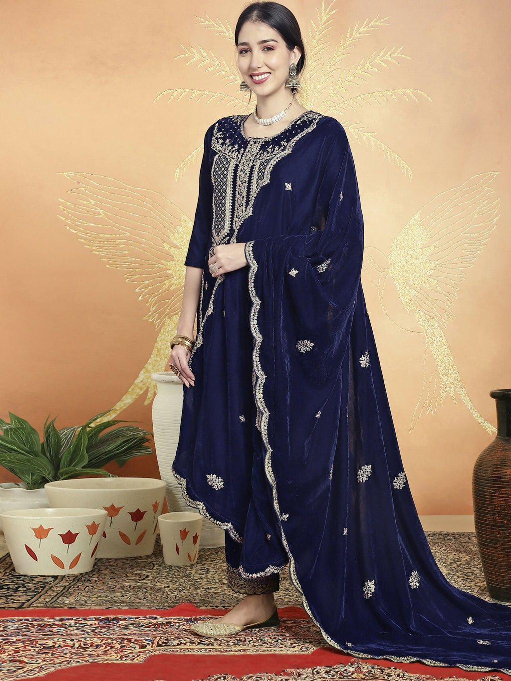 Navy Blue Velvet Straight Kurta Set with Sequin & Resham Embroidery