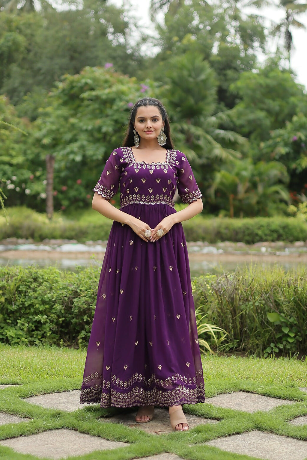 Purple Georgette gown with sequence embroidery for party wear