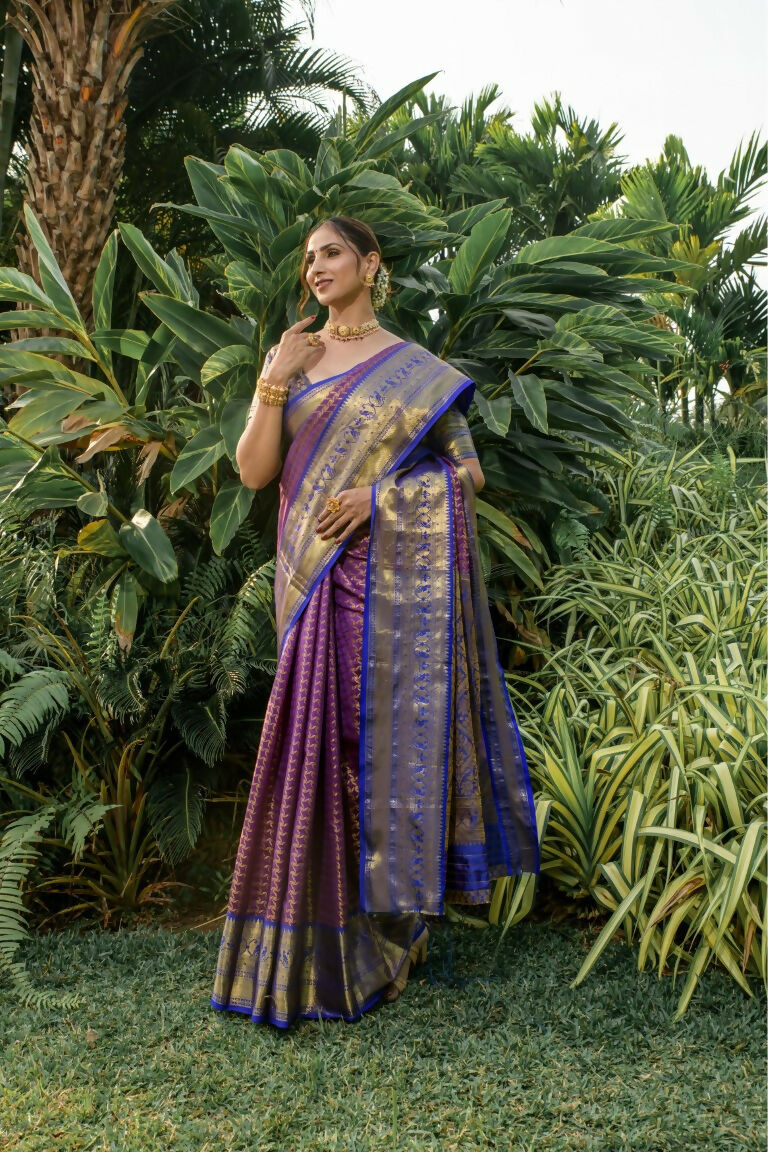 Purple Kanjivaram Silk Saree with Contrasting Blue Blouse