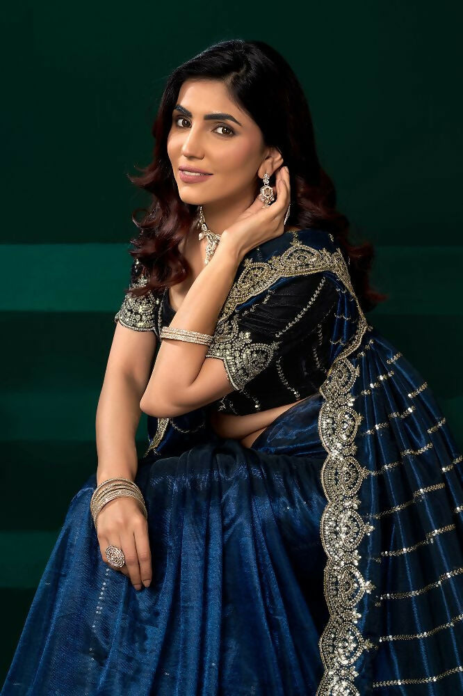 Navy Blue Net Party Wear Saree with Black Velvet Blouse Set