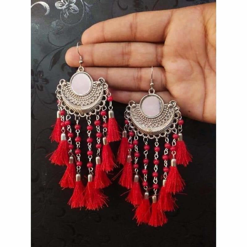 Maroon silk thread half-moon Chandbali earrings with pearl detailing
